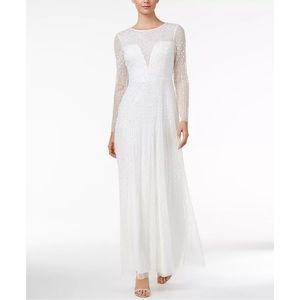 Adrianna Papell White Pearl Beaded Illusion Sweetheart Long Sleeve Wedding Dress